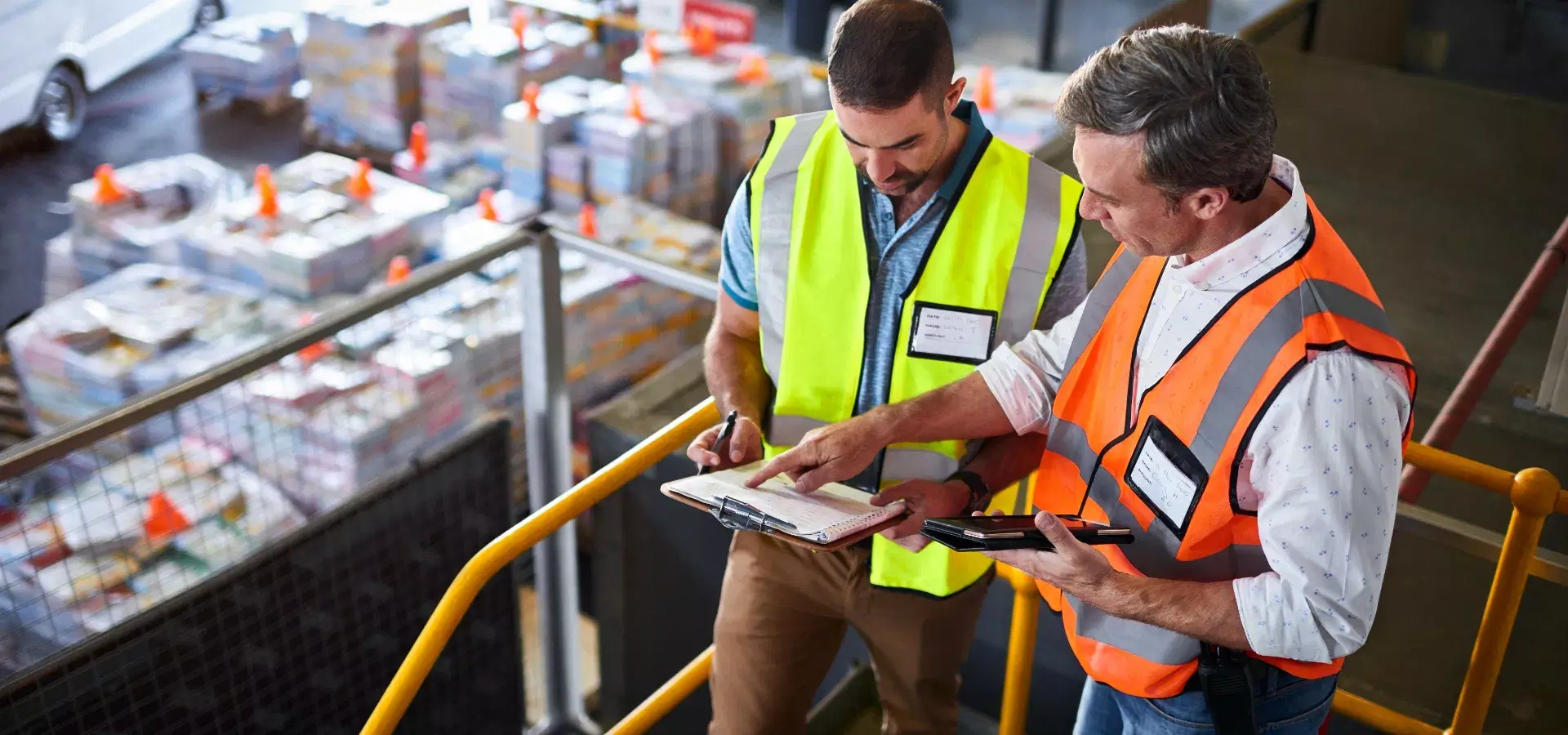 mężczyźni w kamizelkach odblaskowych